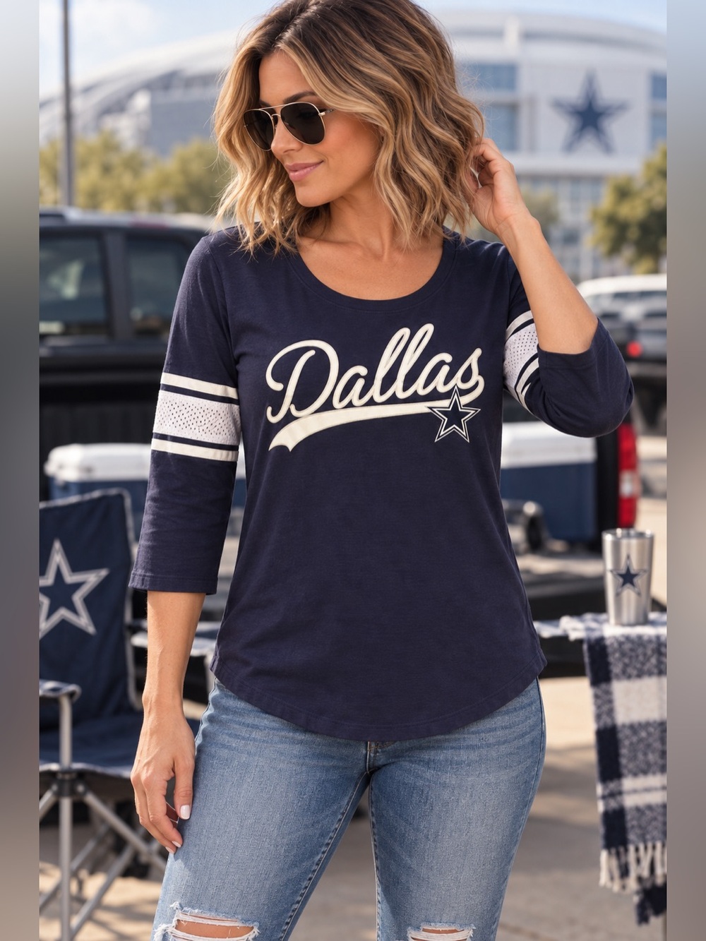 Dallas Cowboys Authentic Women’s 3/4 Sleeve Football Tee Navy M NWT
